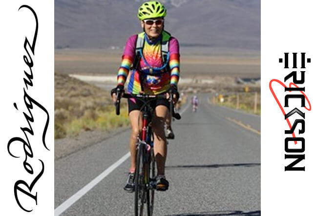 Woman racing with a steel Rodriguez Bicycle