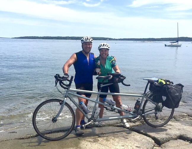 Light Blue Rodriguez custom tandem bicycle at a lake shore